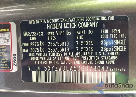 2013 Hyundai Santa Fe Sport 2.0T from USA, damaged, VIN 5XYZWDLA5DG078047